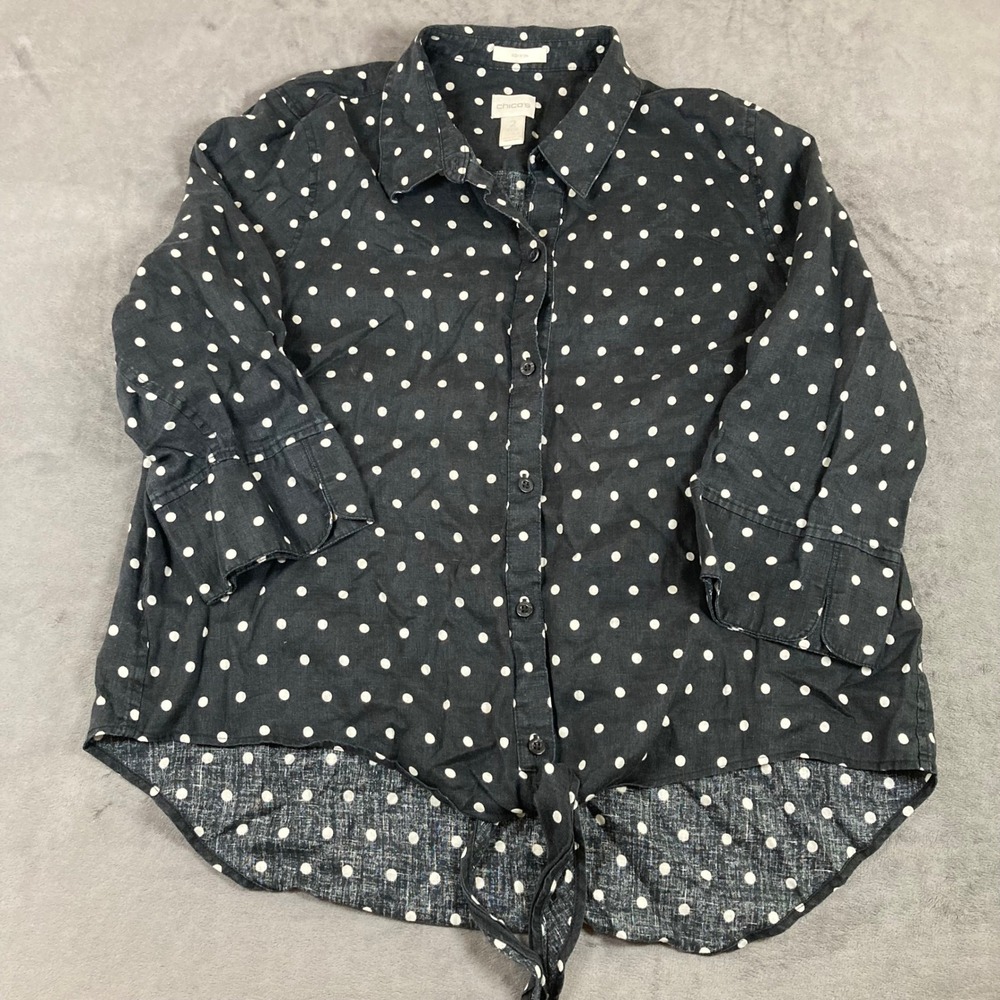 Chicos No-Iron Linen Shirt Black White Polka Dot Tie Front 3/4 Sleeve Size 2 L